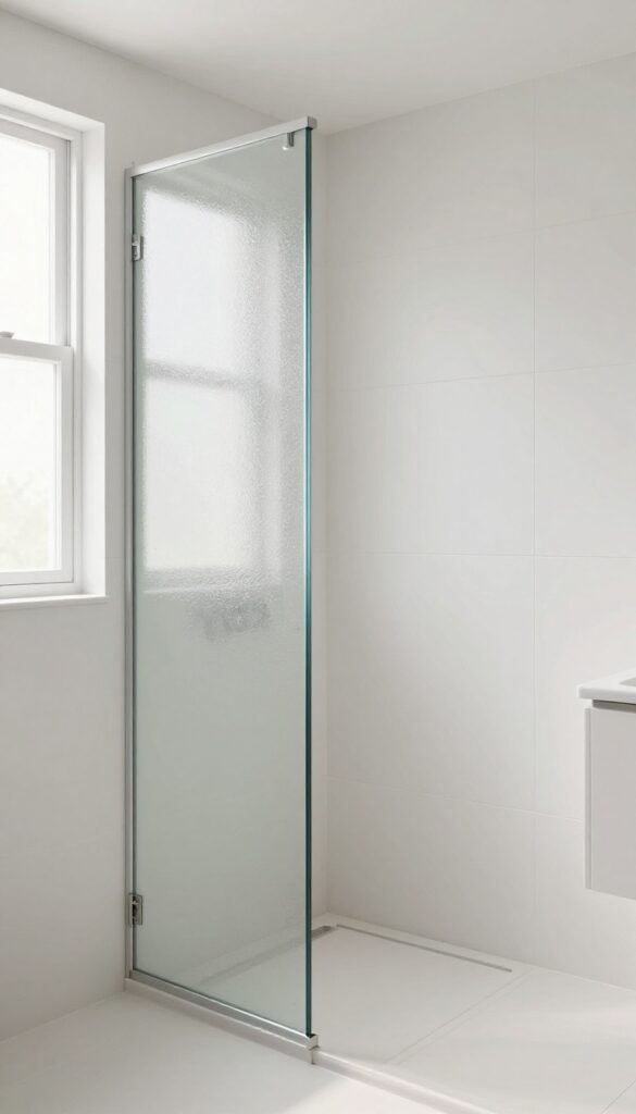 Small bathroom with a frosted glass pocket door sliding into the wall, shower-only layout, bright natural light, clean and airy design