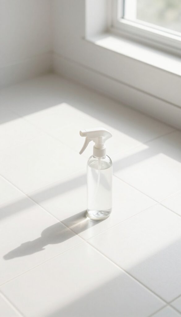 Close-up of clean white bathroom grout with a spray bottle of vinegar and water solution in natural light