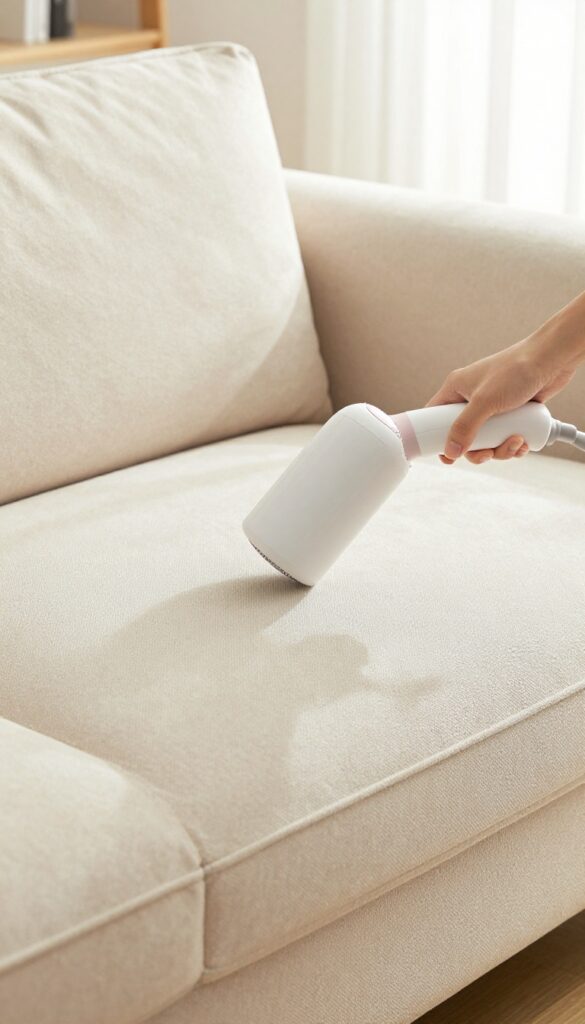 Person using a hair dryer to dry a damp spot on a microfiber couch quickly to prevent watermarks