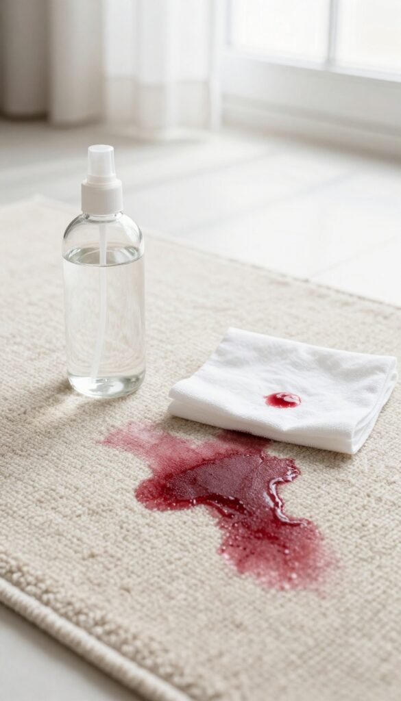 Spot cleaning a light rug with hydrogen peroxide to remove a red wine stain