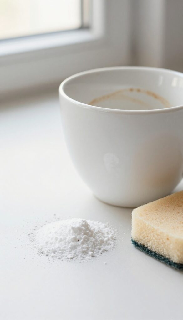 White coffee mug with brown stain and baking soda on a sponge