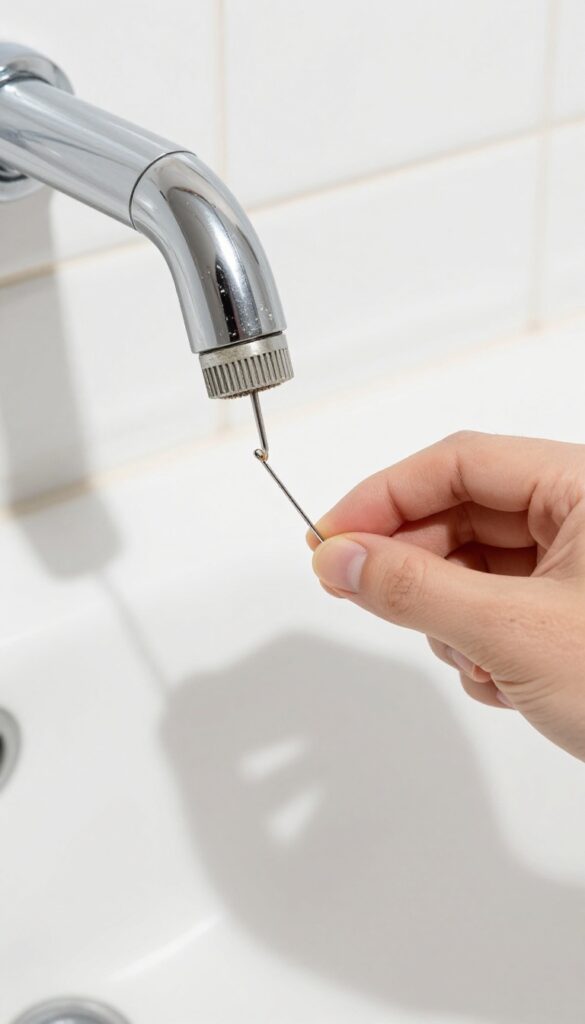 Hand using a pin to clear a clogged bathtub jet nozzle