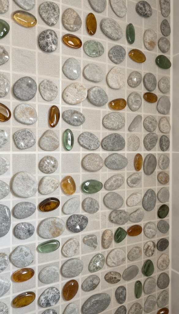 River rock and glass mosaic tile combination on a shower wall