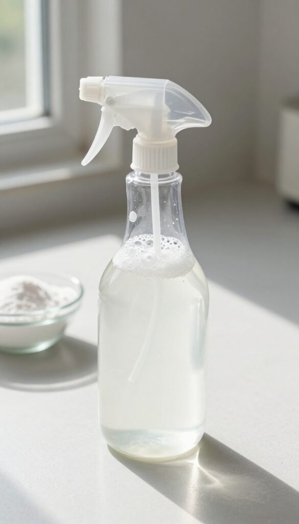 Close-up of a spray mop reservoir with fizzing white vinegar and baking soda solution, bright natural light, clean kitchen floor background