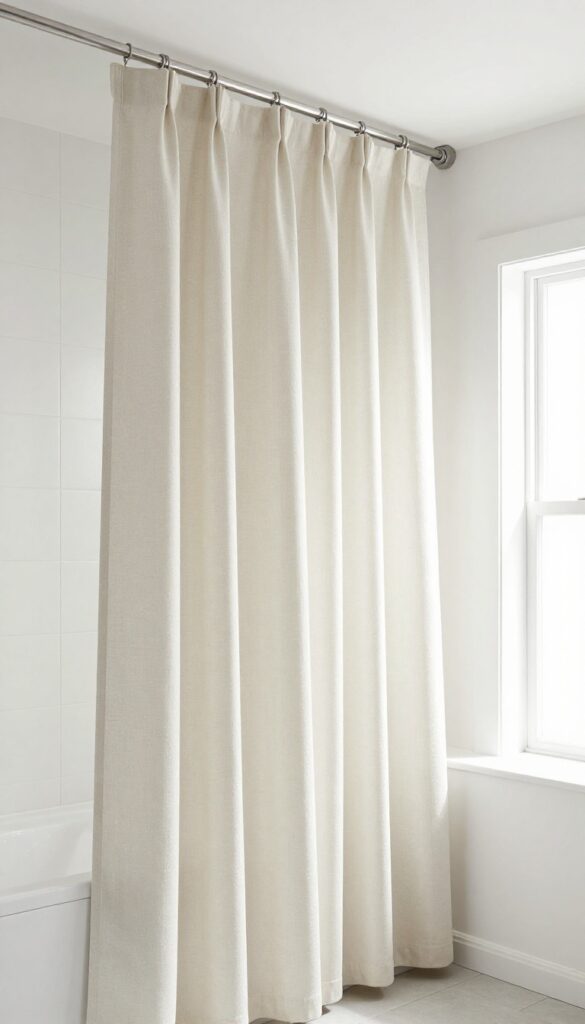 Bathroom with ceiling-mounted shower curtain rod and long curtain creating a taller look