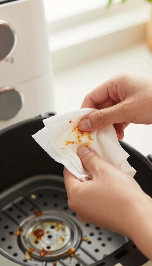 Hand wiping a warm air fryer basket with an unscented baby wipe, removing grease and crumbs.