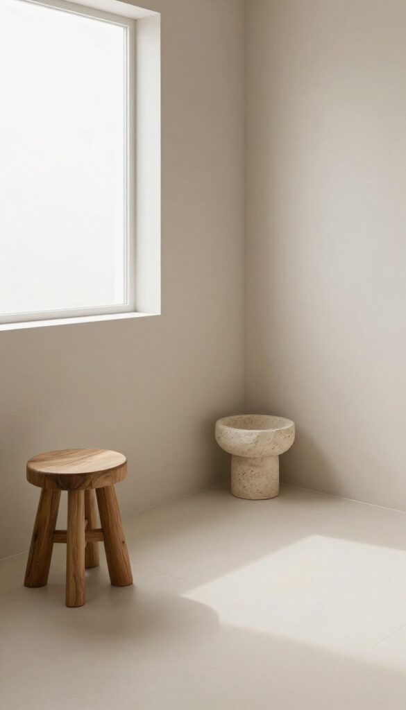 Bright shower room with light neutral colors, wooden stool, and stone soap dish