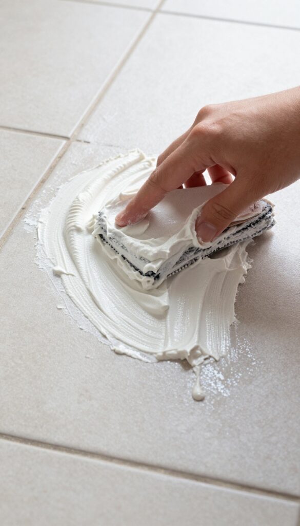 Person scrubbing baking soda paste on tile grout with a toothbrush