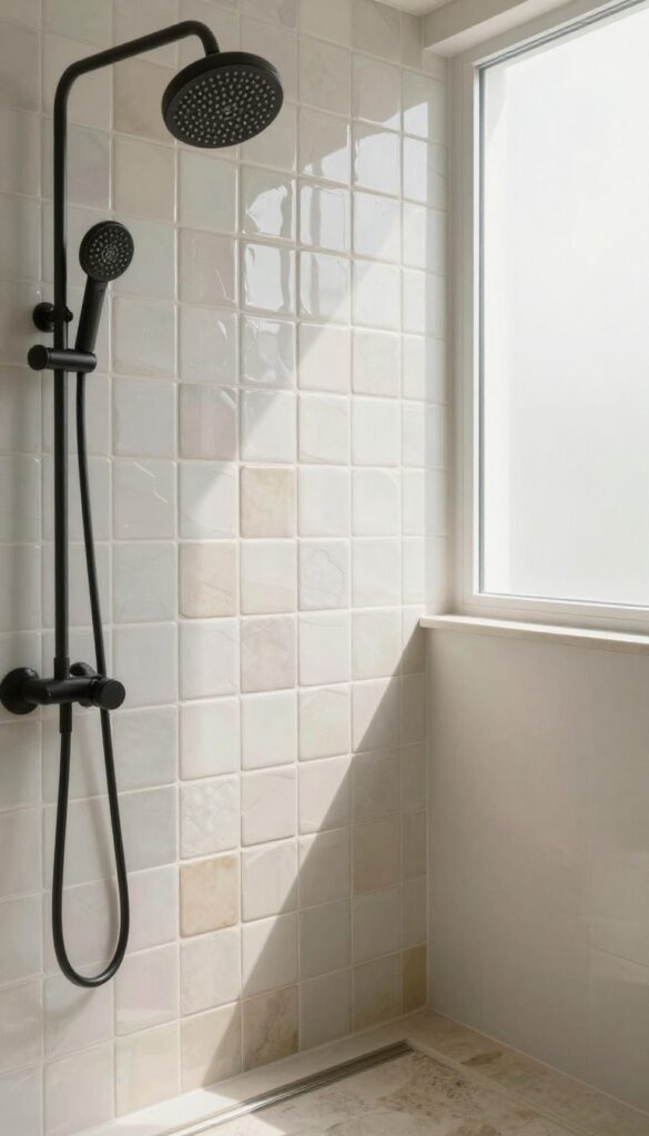 Close-up of zellige-inspired ceramic tiles on a shower wall with natural light and matte black fixtures