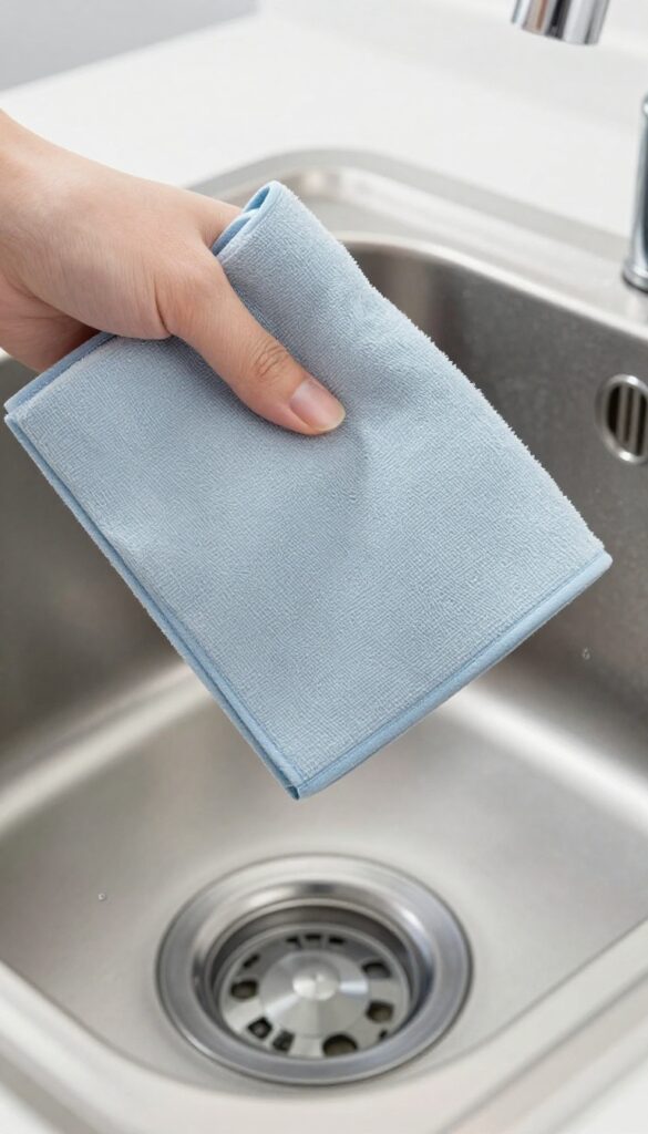 Lint-free cloth polishing a stainless steel sink