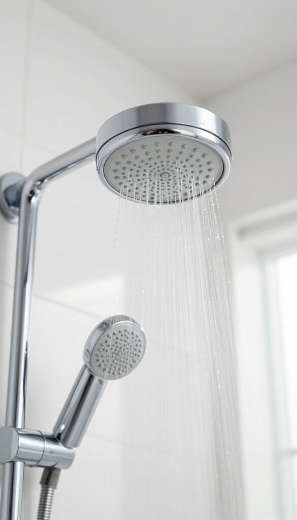 Sparkling clean shower head after deep cleaning, polished and shining in bright natural light.