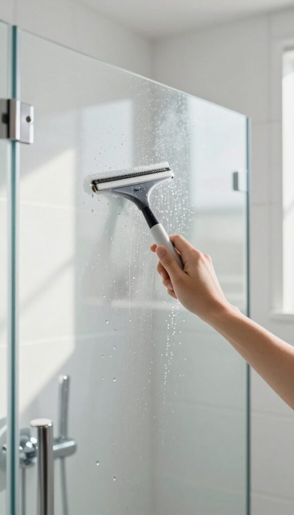 Hand using a squeegee on a wet shower glass door to prevent water spots