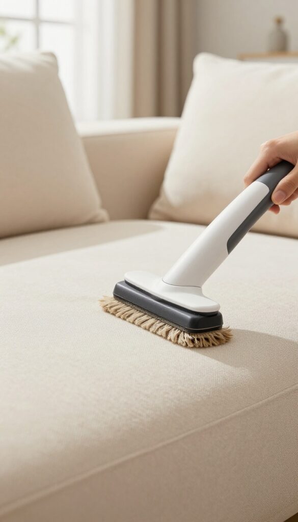 Deep cleaning a fabric couch with a carpet cleaner upholstery attachment in a bright living room