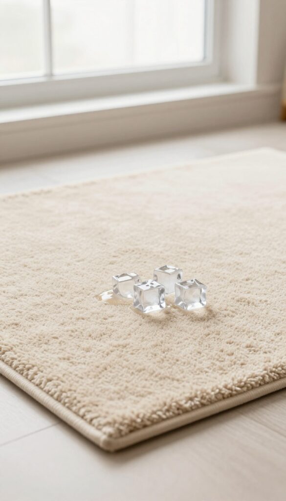 Ice cubes placed on a carpet dent to raise flattened fibers