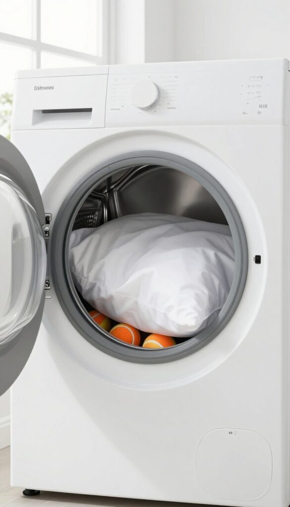 Pillows drying in a dryer with tennis balls on low heat setting