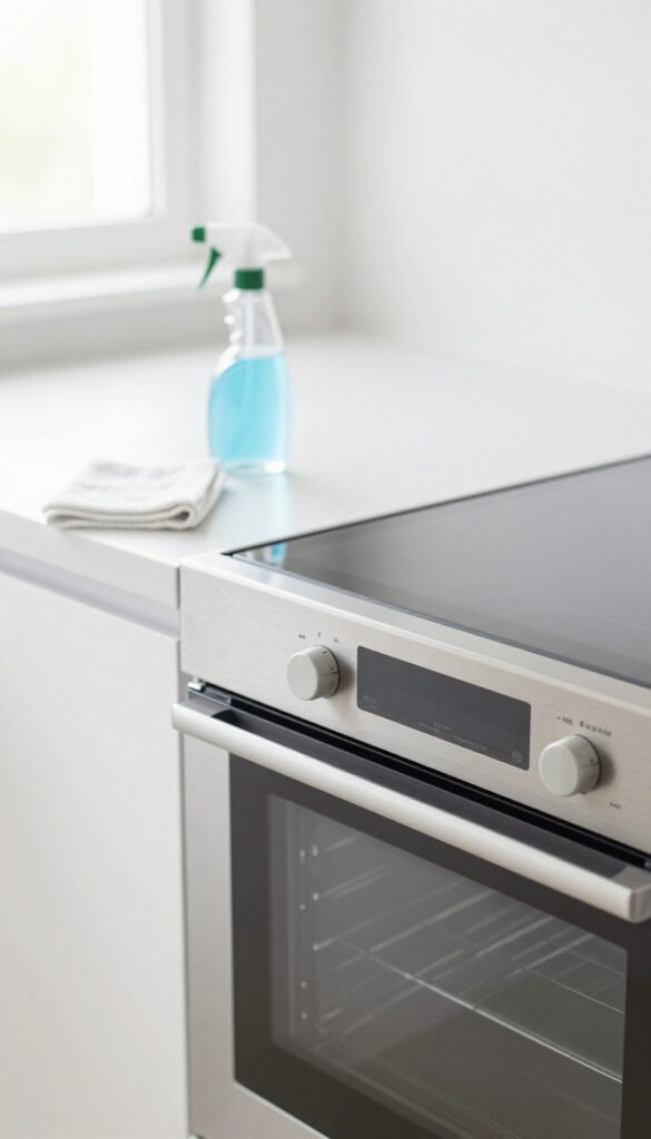 Clean glass oven door with rubbing alcohol and microfiber cloth on kitchen counter