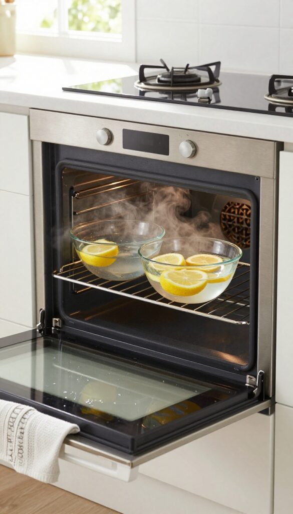 Steam cleaning oven with a bowl of water and lemon slices