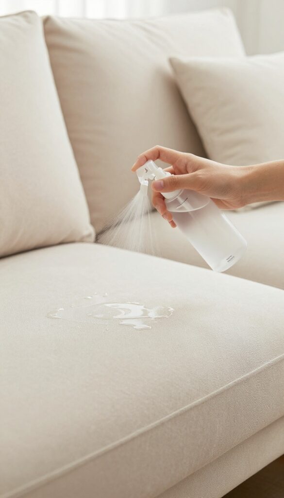 Hand spraying distilled water on a beige sofa fabric in bright natural light, no water marks visible.