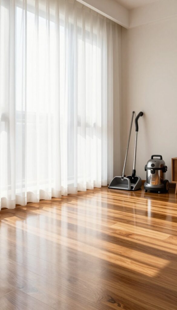 Clean hardwood floor with broom, dustpan, and vacuum in sunlit living room