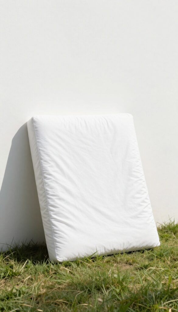 A mattress leaning against a sunlit wall outdoors, bathed in natural sunlight and fresh air.