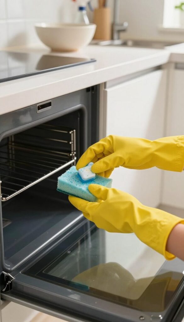 Hands in yellow rubber gloves holding a dishwasher tablet and sponge inside a clean stainless steel oven.