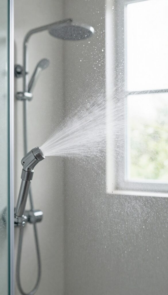 Spraying cleaner on a glass shower door to break down soap scum and hard water deposits