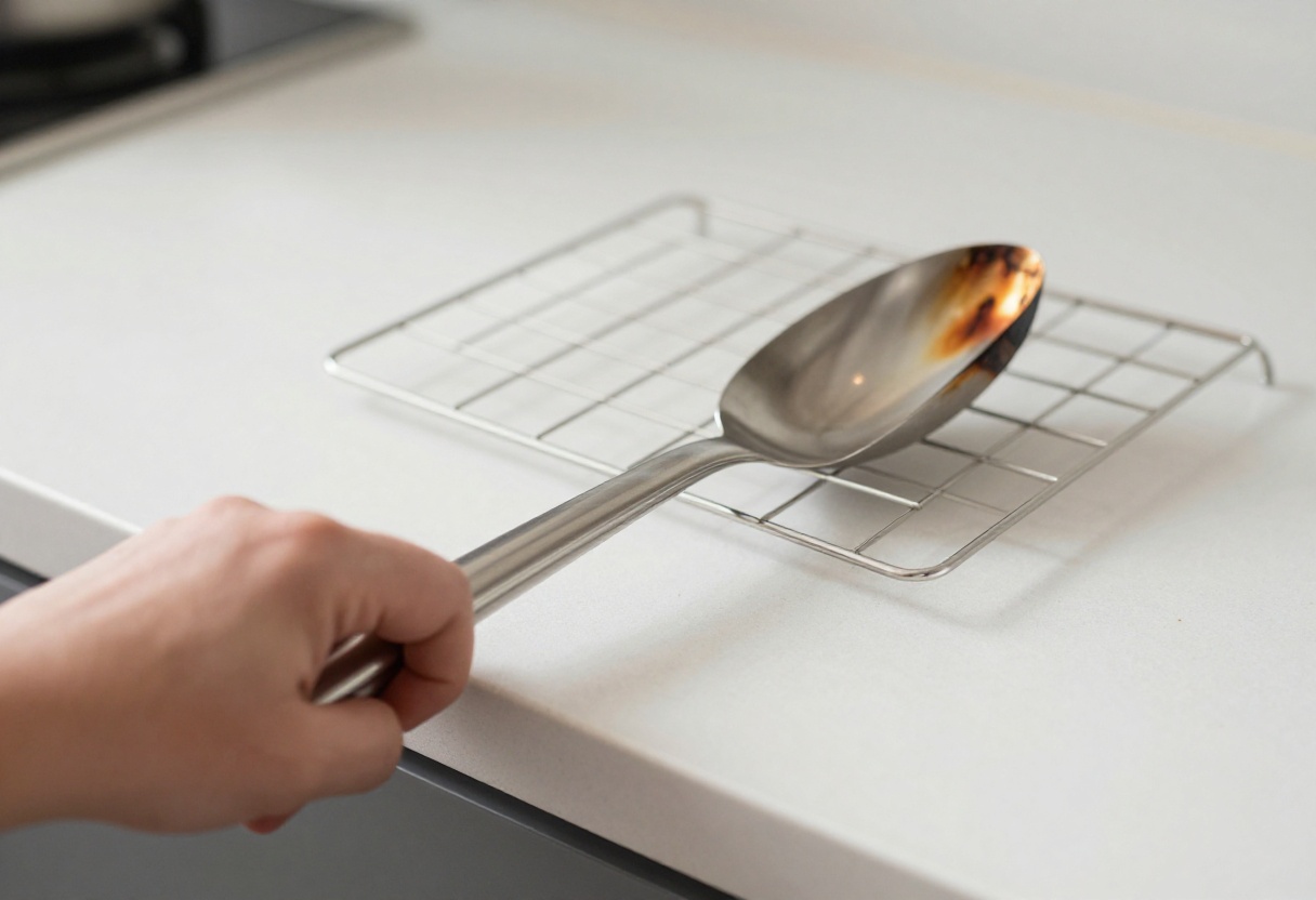 A clean oven rack with a gloved hand holding it, showing shiny metal and a small burnt spot being cleaned.