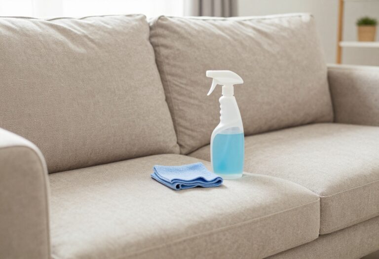 Clean sofa with cleaning supplies on cushion