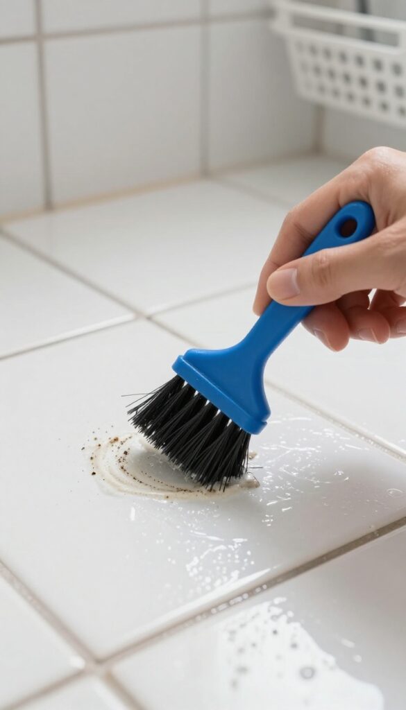 Hand scrubbing bathroom shower grout with a blue grout brush in bright natural light