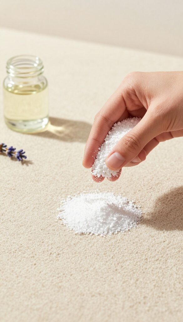 Hand sprinkling borax carpet freshener on beige carpet with lavender and jar nearby