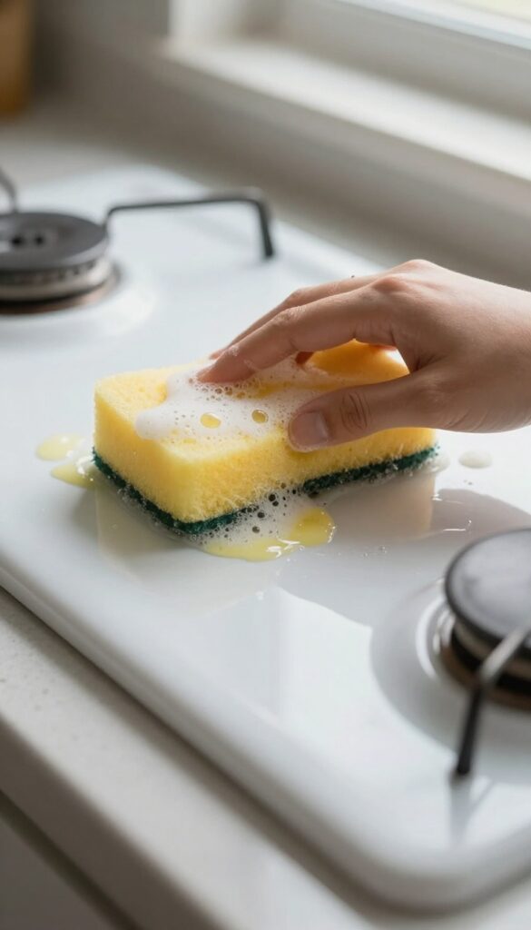 Cleaning a ceramic cooktop with dish soap and hydrogen peroxide mixture to remove yellow stains