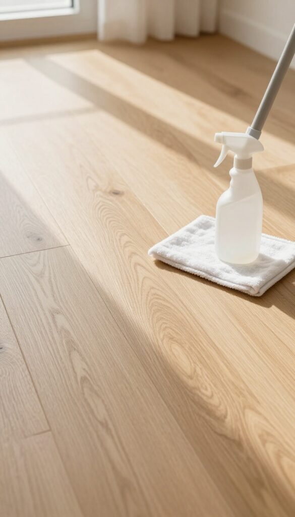 Clean no-wax vinyl floor with microfiber mop and pH-neutral cleaner in natural light