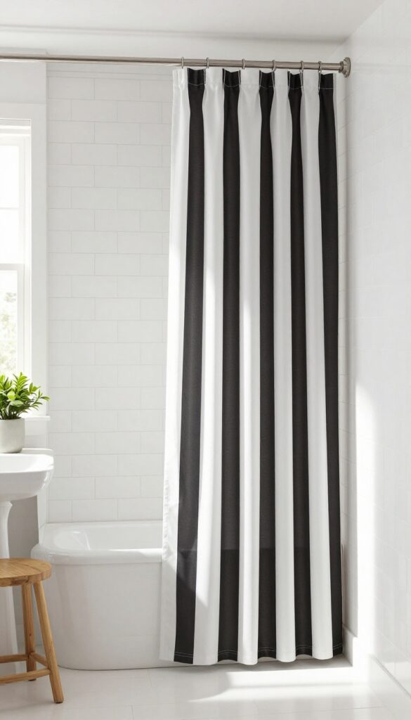 Bathroom with vertical striped shower curtain hanging high to create illusion of taller ceiling