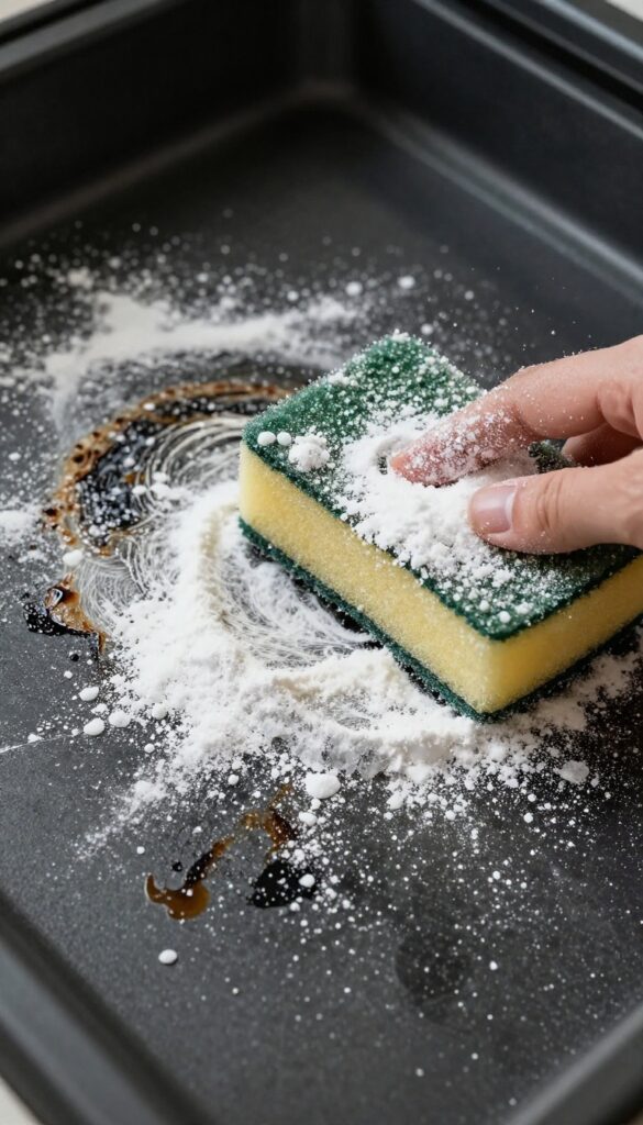Close-up of a damp sponge with salt and baking soda scrub cleaning a burnt-on food stain on an oven floor