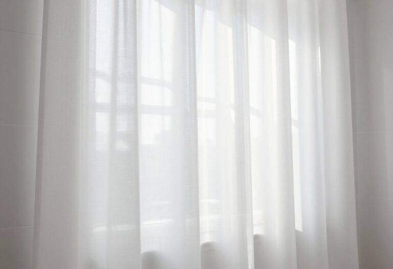 Clean white shower curtain liner hanging in a bright bathroom
