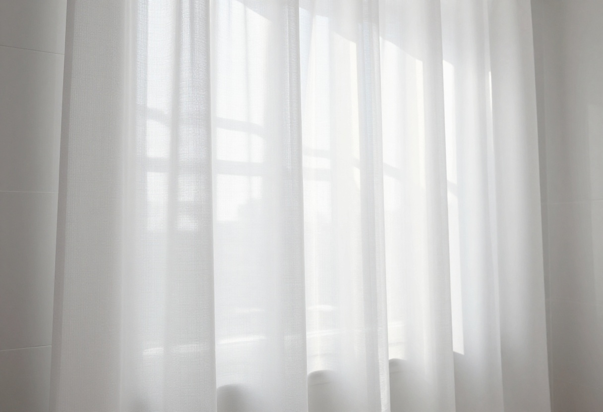Clean white shower curtain liner hanging in a bright bathroom