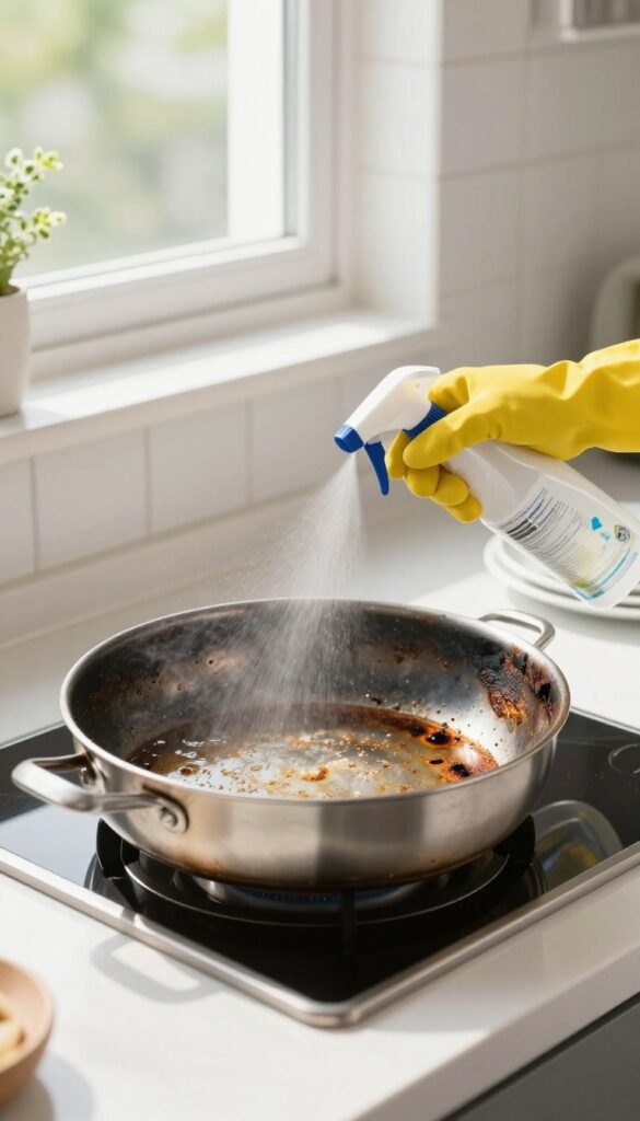 Spraying oven cleaner on a burnt stainless steel pan in a bright kitchen