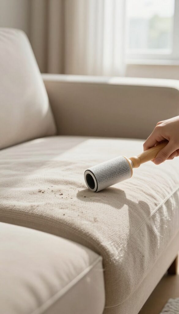 Lint roller removing pet hair from a beige microfiber couch in a bright living room