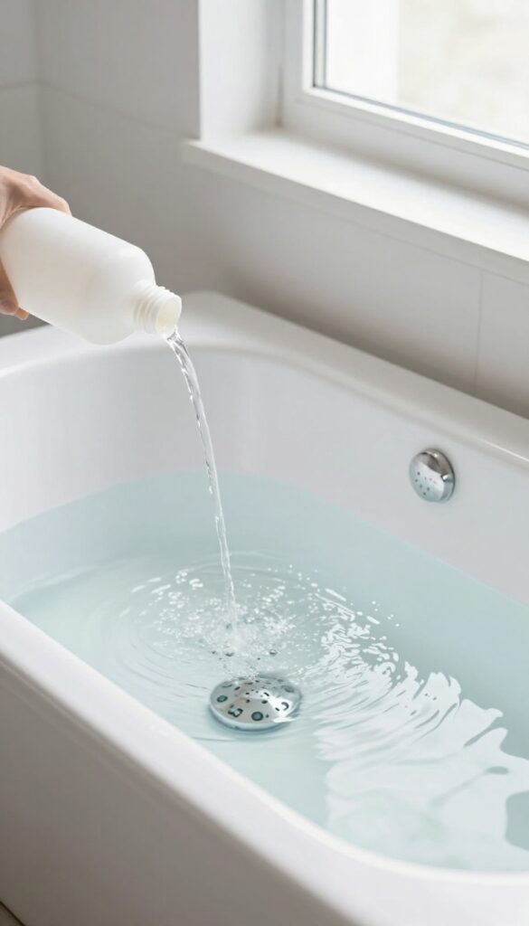 Pouring bleach into bathtub water for deep cleaning jets