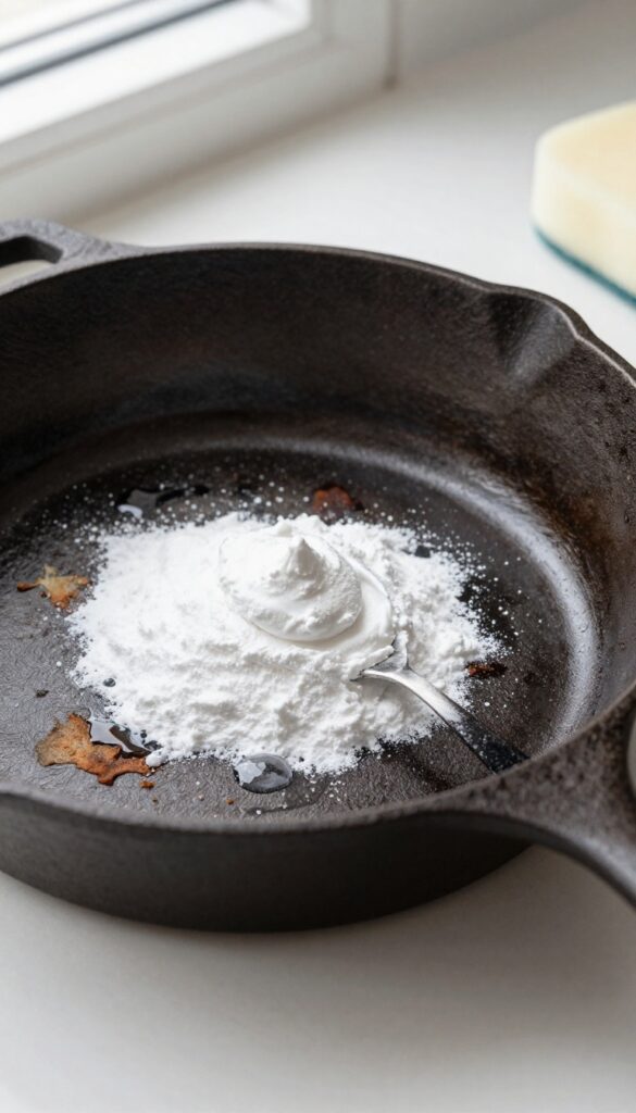 Baking soda paste on a spoon next to a cast iron skillet with burnt-on food, soft sponge nearby, bright natural light