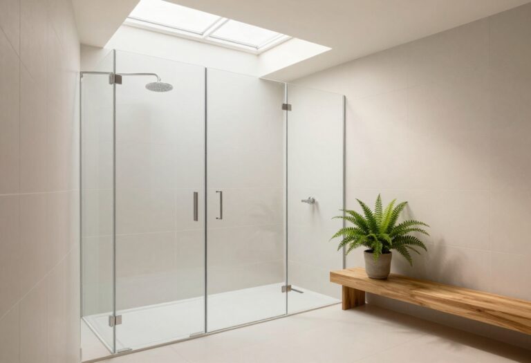 Bright modern shower room with skylight, white tiles, frameless glass door, wooden bench, and fern plant.