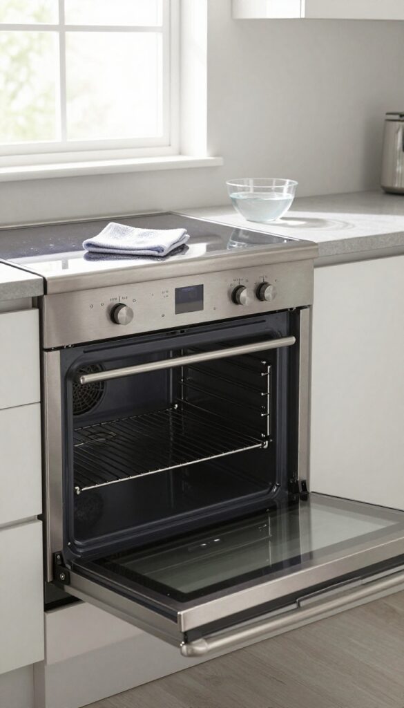 Clean empty oven with door open, damp cloth and bowl on counter, bright natural light