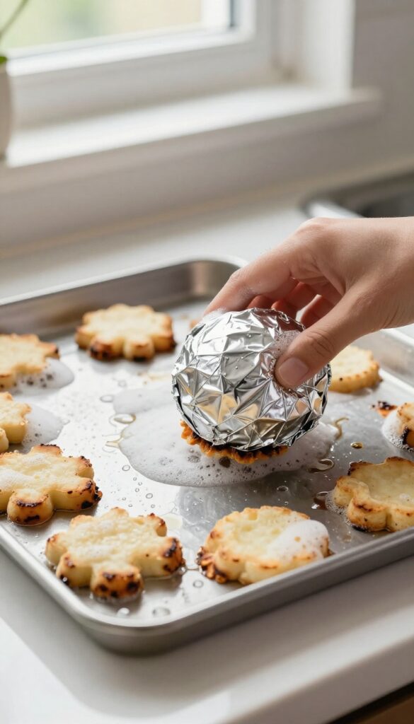 Cleaning a burnt cookie sheet with aluminum foil and dish soap