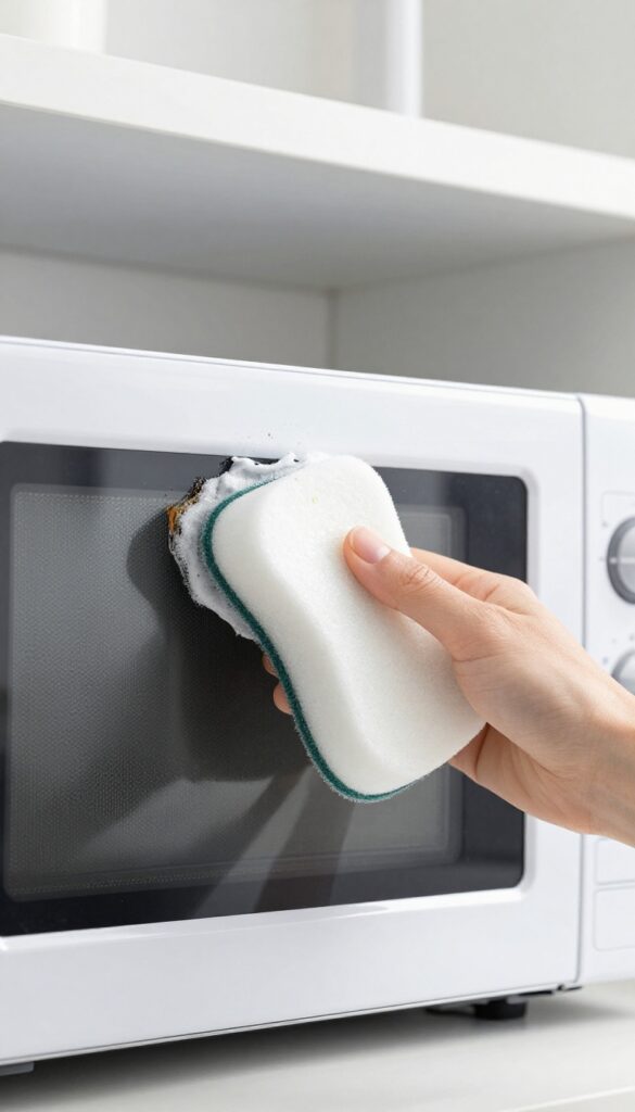 Cleaning a microwave interior with a damp melamine sponge, removing baked-on splatters