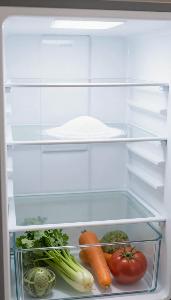 Open box of baking soda placed on a middle shelf in a clean, organized refrigerator for odor control.
