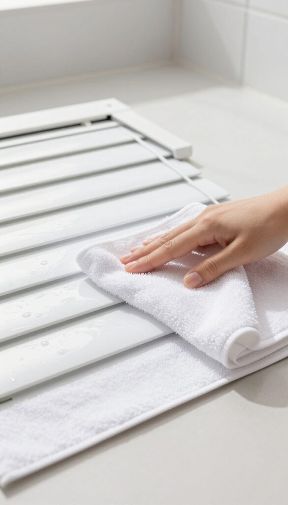 Hand drying clean blinds with a microfiber towel on a flat surface