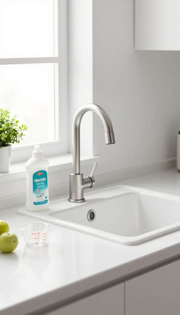 Enzyme drain cleaner bottle next to a kitchen sink with natural light and plants