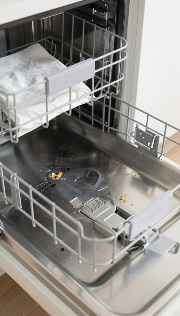 Open dishwasher bottom rack with drain basket removed, showing food debris and greasy residue, bright natural light, photorealistic.