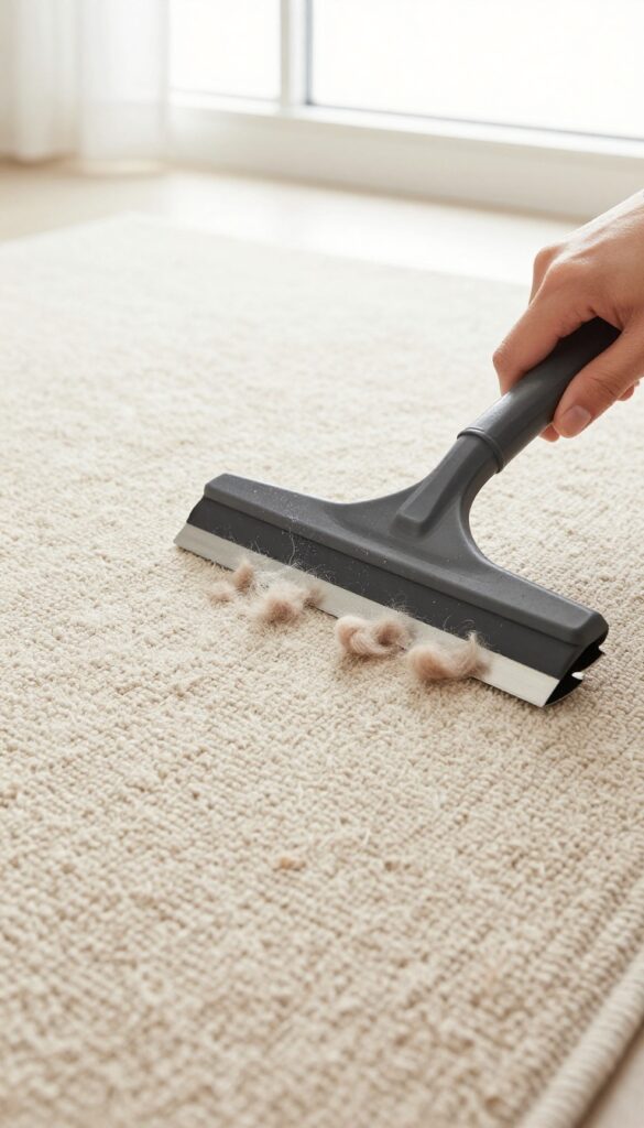 Hand using a rubber squeegee to remove pet hair from a beige rug, with fur clumps visible.