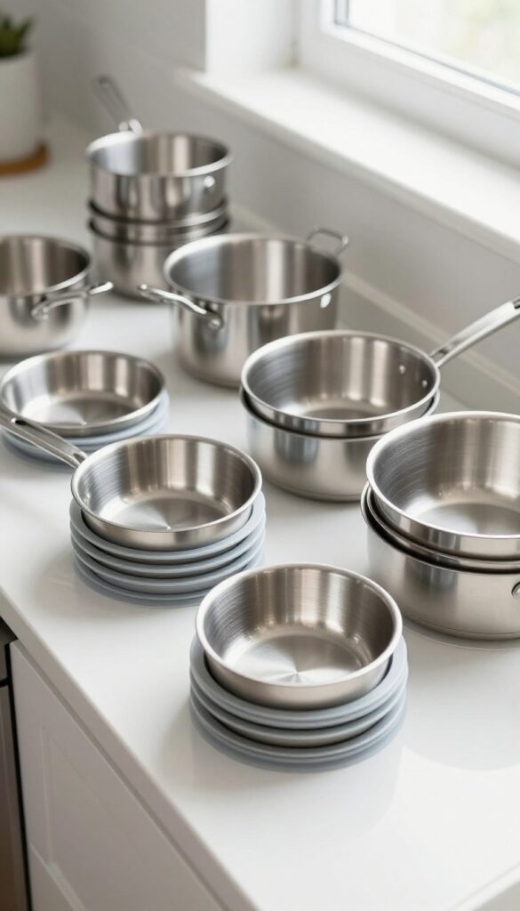 Stack of clean pans with protective silicone liners between each layer on a kitchen counter.